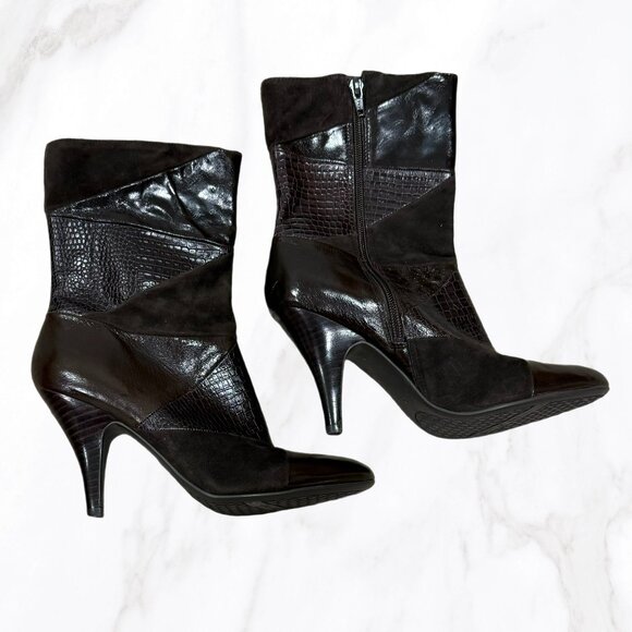 Nine West Women's Brown Leather Patchwork Heeled Calf Booties, Size 7.5 - Picture 2 of 5